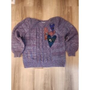 Vtg 70-80s Ellen B Womens Sz 42 Purple Sueded Hearts Sweater Cable Knit Pullover